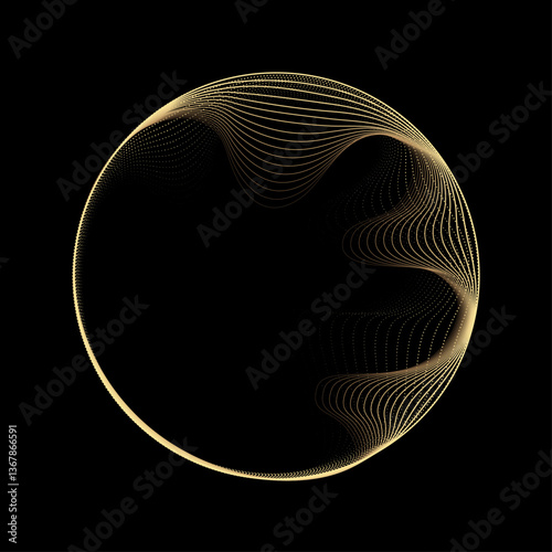 Abstract circle wave lines, gradient light equalizer gold wavy curve. Round frame in luxury golden color isolated on black background. Editable stroke. Vector illustration with copy space