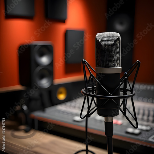 A professional recording studio with a condenser mic on a stand, mixing console, speakers, and acoustic panels in red and yellow. Sleek and sound-focused