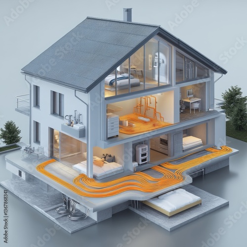 Modern House Cutaway Illustration with Underfloor Heating System Visualization for Sustainable Home Design