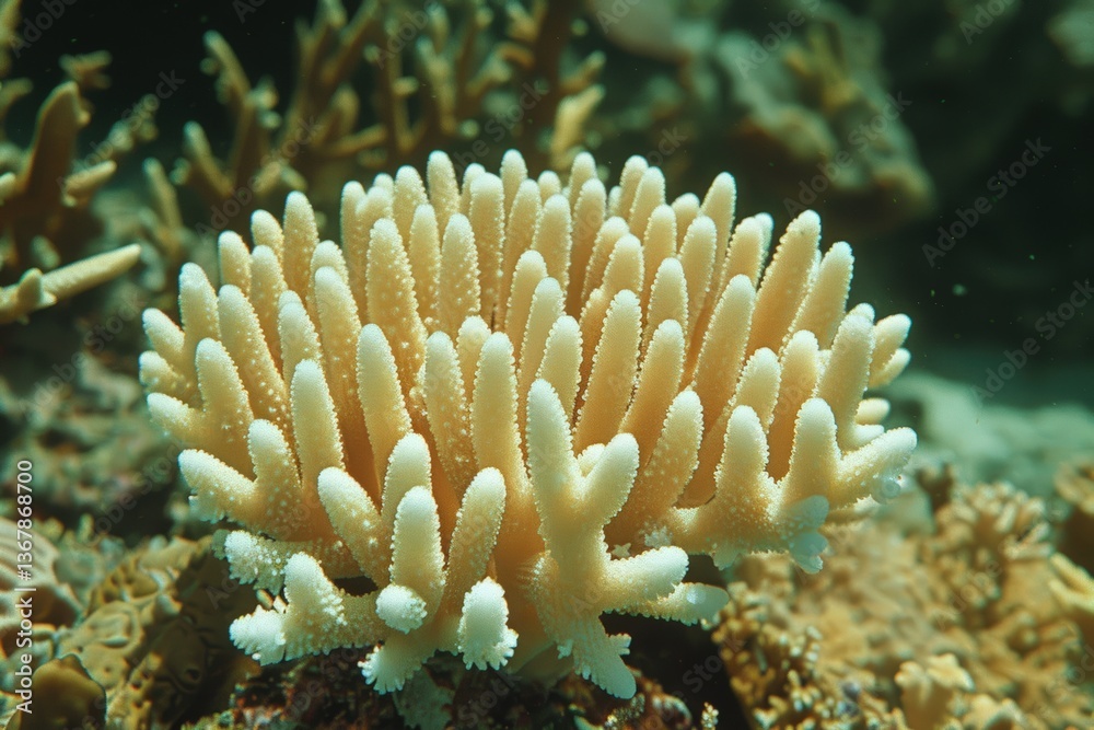 Naklejka premium A vibrant coral formation under clear water, showcasing unique textures and colors that contribute to marine biodiversity.