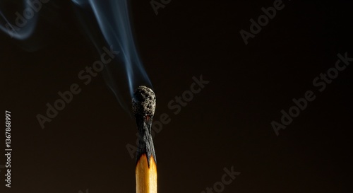 Burnt matchstick smoldering with smoke and leaving trail set against dark background to illustrate ephemeral moments, the power of cessation, reminding impermanence of all things