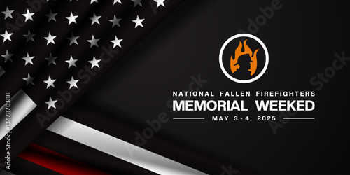 National Fallen Firefighter Memorial Weekend. Flag american, firefighter and fire. Great for posters, banners, social media and more. Black background.