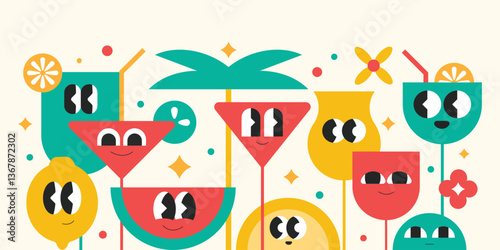 Groovy cartoon tropical fruits and cocktails summer vibes