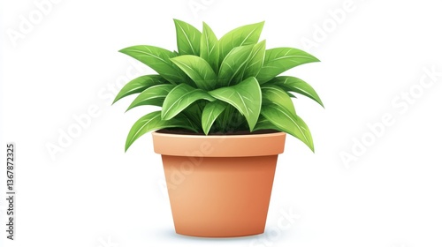 Vibrant Green Plant Growing in a Terracotta Pot Filled with Soil Isolated on White Background