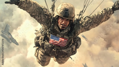 Illustration of an American paratrooper mid-air descending with the U.S. flag visible on his uniform action-packed and ultra-detailed