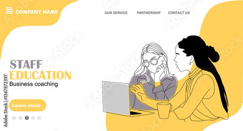 Staff education business coaching concept landing page. Website template with two business women working together. Flat graphic outline vector illustration in yellow and black colors.