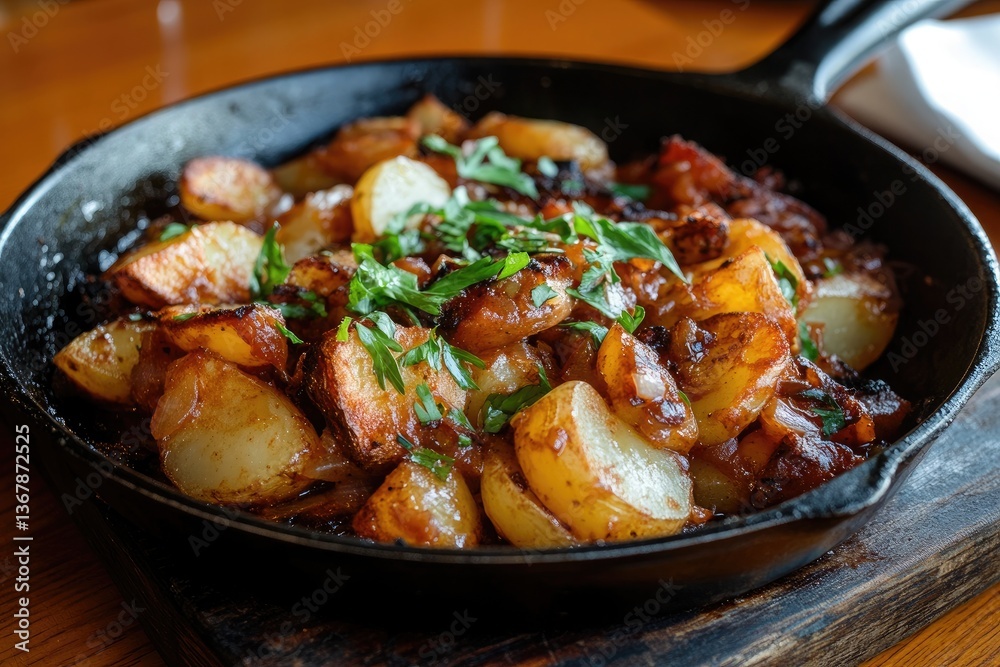 A sizzling skillet of pan haggerty with layered potatoes A sizzling skillet of pan haggerty with layered potatoes