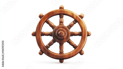 Vintage Wooden Ship's Wheel with Eight Polished Spokes Isolated on White Background