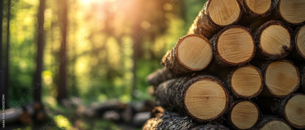 Pile of Wood Logs Stacked in Forest During Golden Hour Sunlight Pile of Wood Logs Stacked in Forest During Golden Hour Sunlight