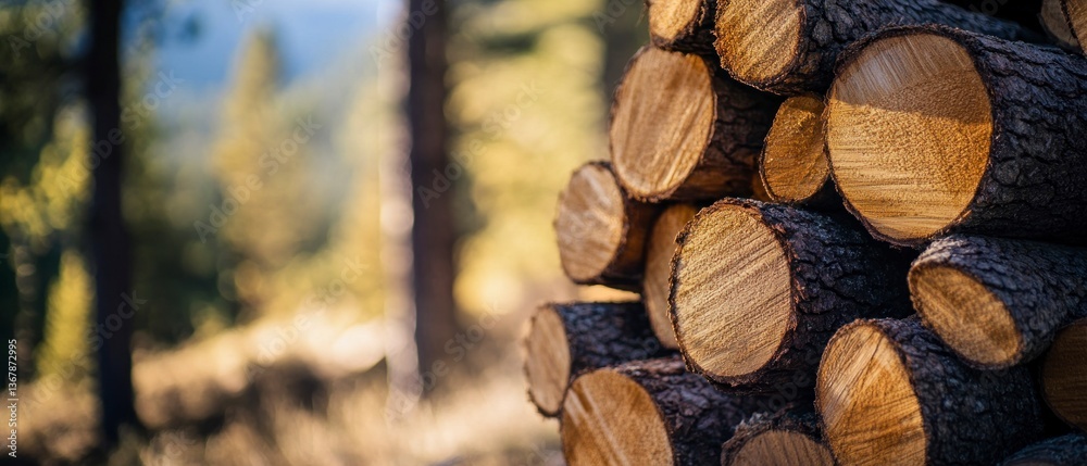 Stack of Logs in Forest with Sunlight Ready for Firewood Stack of Logs in Forest with Sunlight Ready for Firewood