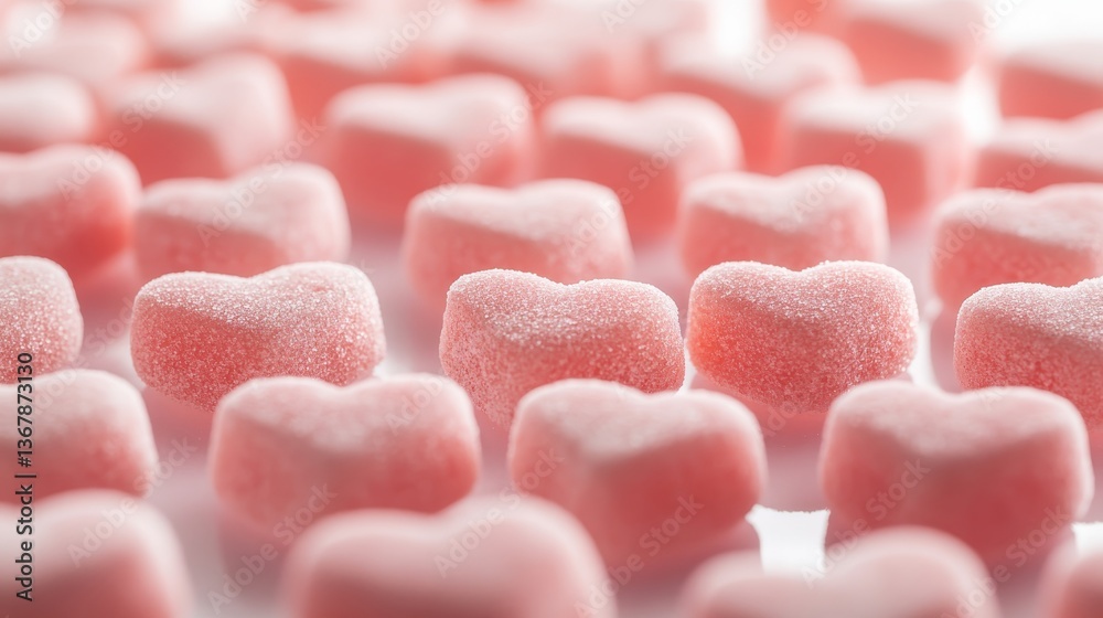 Obraz premium Rows of glossy pastel-colored candy hearts create a nostalgic display on a reflective glass surface, enhanced by soft natural light for a cheerful ambiance