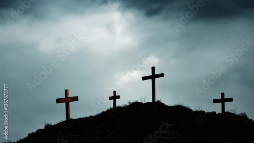Calvary's Peak at Golgotha: Wooden Crosses Under a Tumultuous Sky Symbolizing Faith and Spirituality