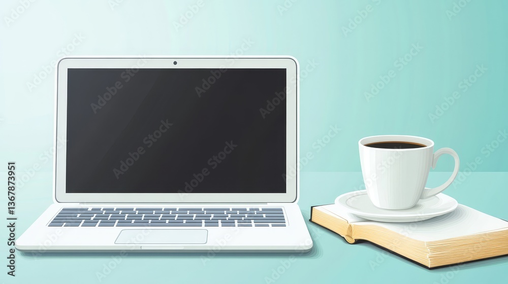 A cozy workspace featuring a laptop, a cup of coffee, and an open book on a light background A cozy workspace featuring a laptop, a cup of coffee, and an open book on a light background