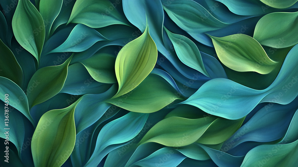 Obraz premium Abstract image of teal and green leaves, flowing organically creating a lush and vibrant texture, showcasing nature's elegance and tranquility, ideal for background or design