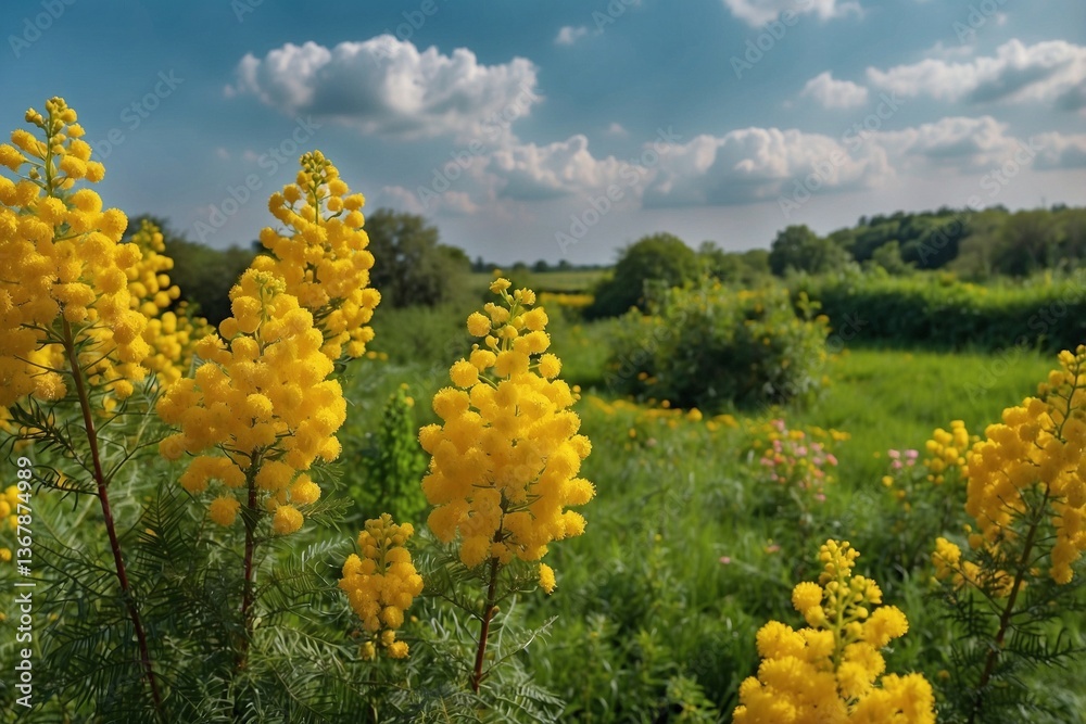 Garden with Blooming Yellow Mimosa Against a Lush Green Field: A Harmony of Colors and Nature's Splendor