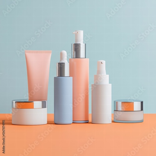 beauty product mockup set, pastel-colored skincare bottles and tubes, minimal aesthetic, cosmetic branding and advertising