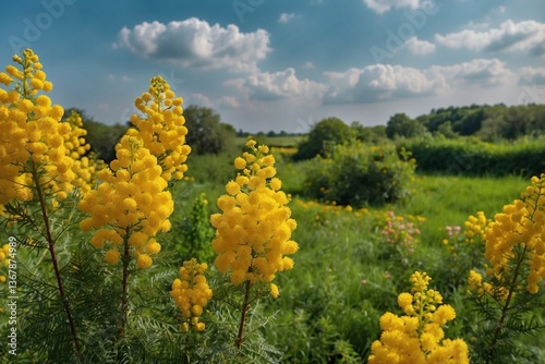 Obraz na płótnie Garden with Blooming Yellow Mimosa Against a Lush Green Field: A Harmony of Colors and Nature's Splendor w salonie