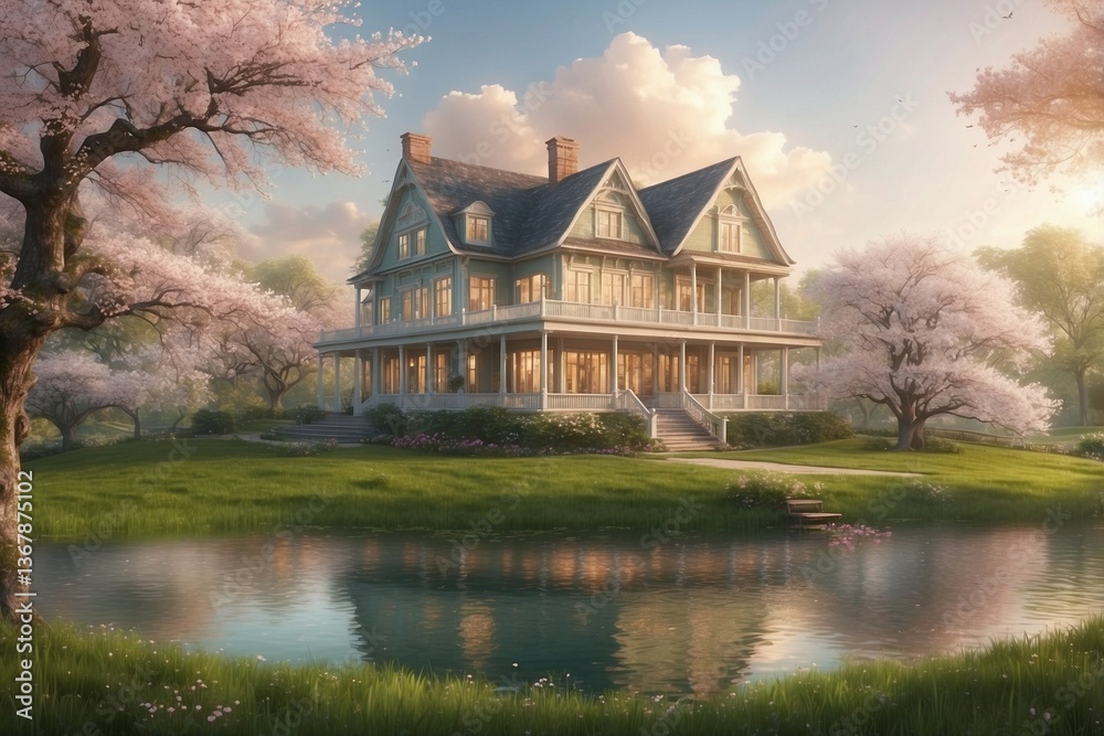 House atop a Lush Green Field: Dreamy Atmosphere with Blooming Cherry Trees and a Lake in the Foreground