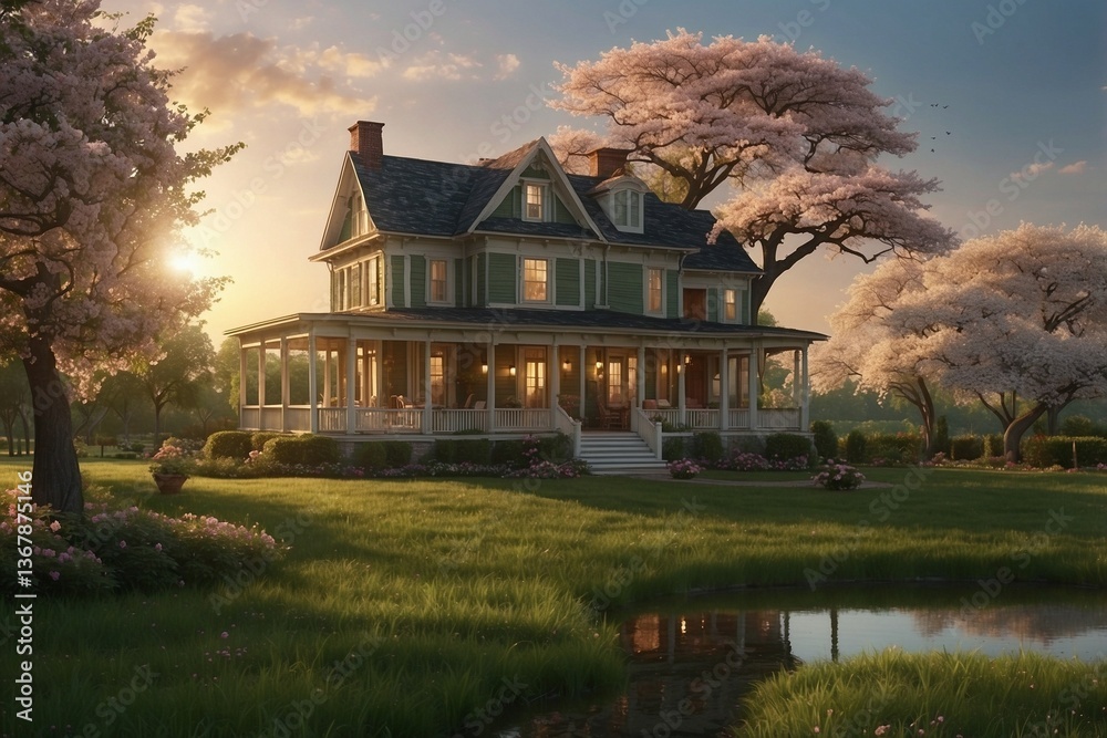 House atop a Lush Green Field: Dreamy Atmosphere with Blooming Cherry Trees and a Lake in the Foreground