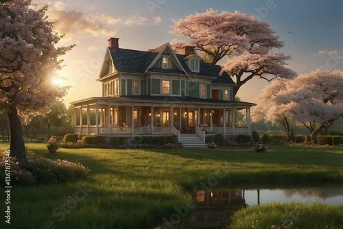 Obraz na płótnie House atop a Lush Green Field: Dreamy Atmosphere with Blooming Cherry Trees and a Lake in the Foreground w salonie