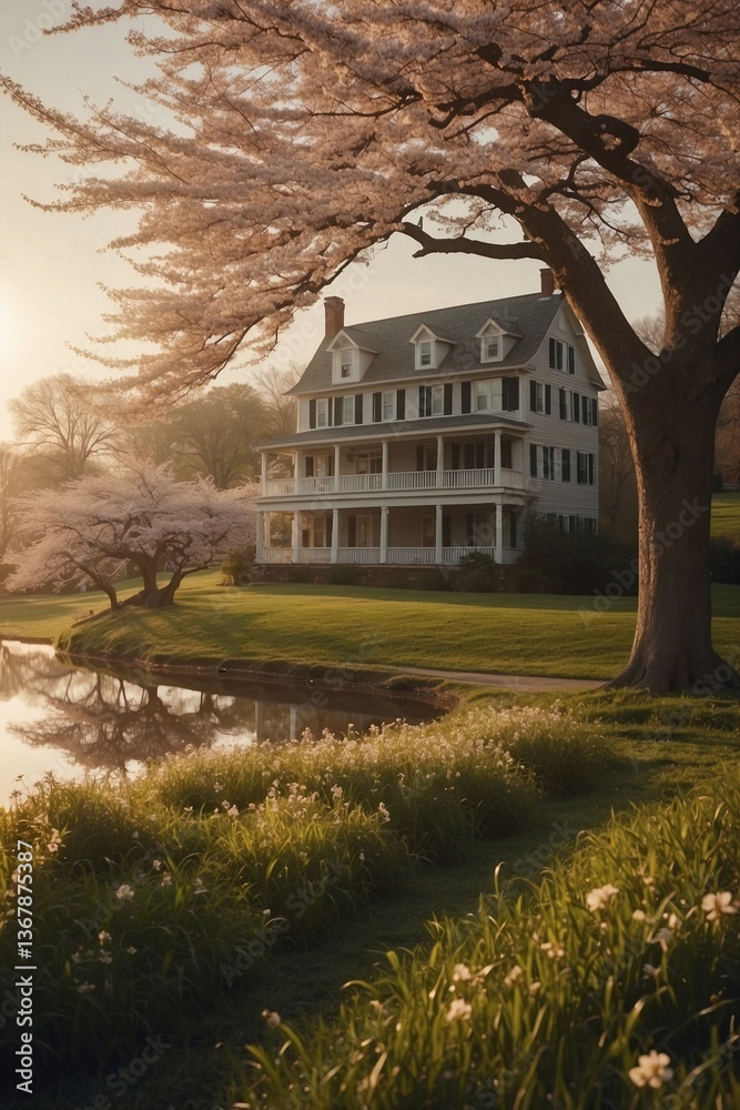 House atop a Lush Green Field: Dreamy Atmosphere with Blooming Cherry Trees and a Lake in the Foreground