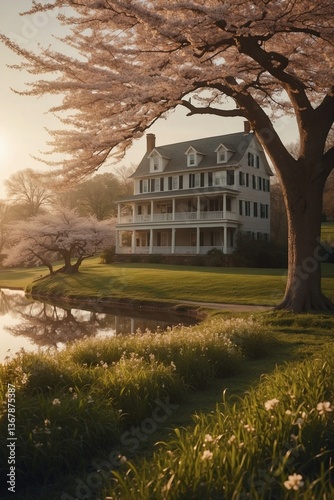 Obraz na płótnie House atop a Lush Green Field: Dreamy Atmosphere with Blooming Cherry Trees and a Lake in the Foreground w salonie