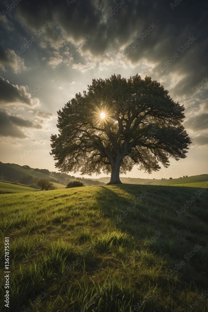 Solitary Tree Against a Green Field: Magical Lighting and Beautiful Shades of Nature