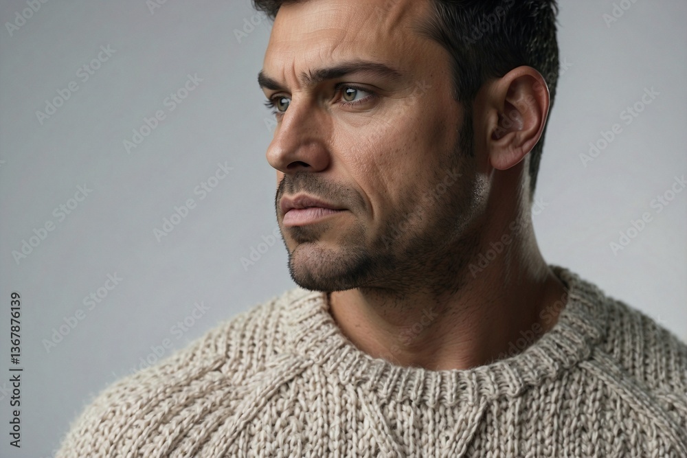 Close-Up of an Attractive Brunette Man in a Sweater: Strength and Muscles Against a White Background