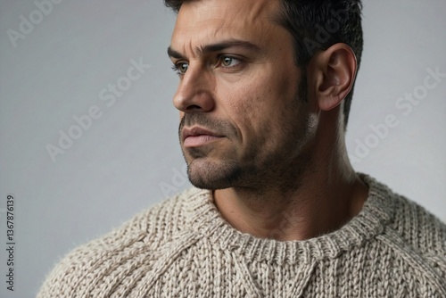 Obraz na płótnie Close-Up of an Attractive Brunette Man in a Sweater: Strength and Muscles Against a White Background w salonie