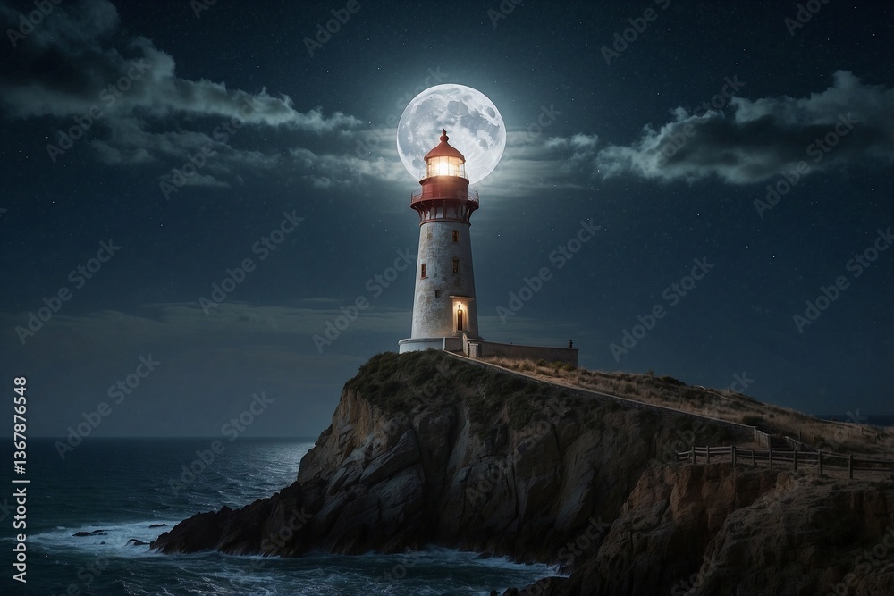 Lighthouse on the Cliff by the Ocean, Illuminated by the Full Moon: A Majestic Scene Under the Dark Night Sky