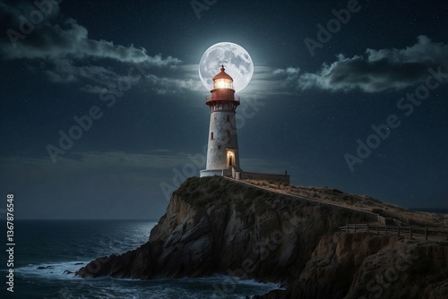 Obraz na płótnie Lighthouse on the Cliff by the Ocean, Illuminated by the Full Moon: A Majestic Scene Under the Dark Night Sky w salonie