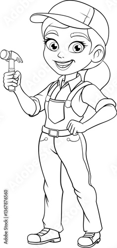A woman female carpenter holding a hammer tool builder construction cartoon character mascot.