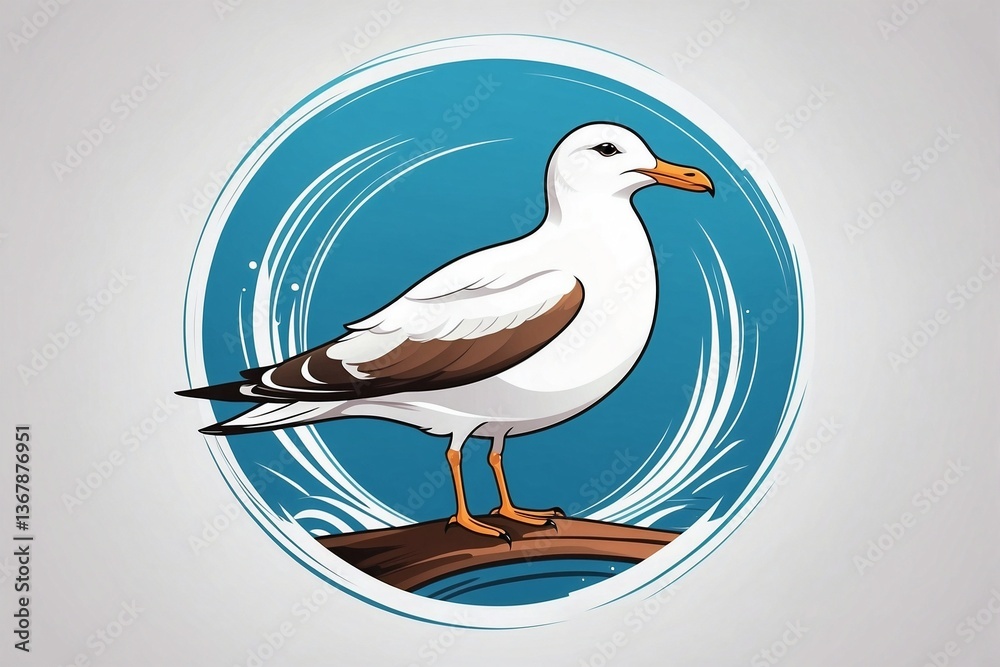 Minimalist Bright Logo Featuring a Cute White Seagull in a Circle on a Clean White Background