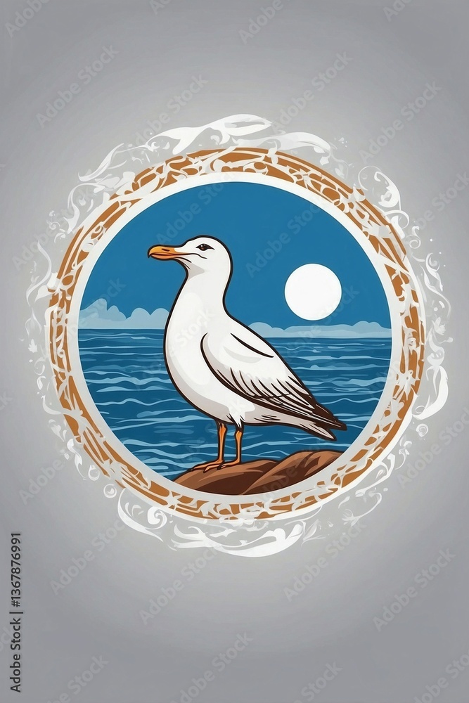 Minimalist Bright Logo Featuring a Cute White Seagull in a Circle on a Clean White Background