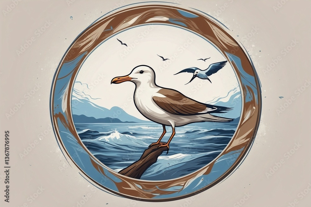 Minimalist Bright Logo Featuring a Cute White Seagull in a Circle on a Clean White Background