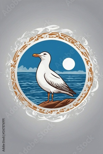 Obraz na płótnie Minimalist Bright Logo Featuring a Cute White Seagull in a Circle on a Clean White Background w salonie