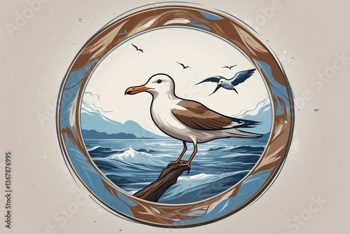 Minimalist Bright Logo Featuring a Cute White Seagull in a Circle on a Clean White Background