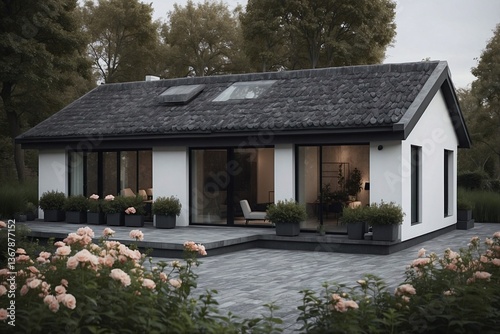 Obraz na płótnie Cozy Single-Story Cottage with Flowers in Front: Minimalist Design and Comfort in Every Detail w salonie