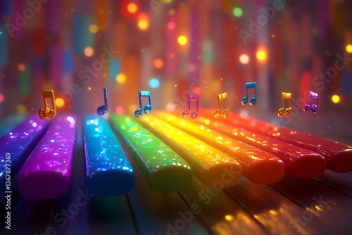 A rainbow xylophone with animated musical notes floating around in a colorful, whimsical playroom, where every note creates a burst of light and color
