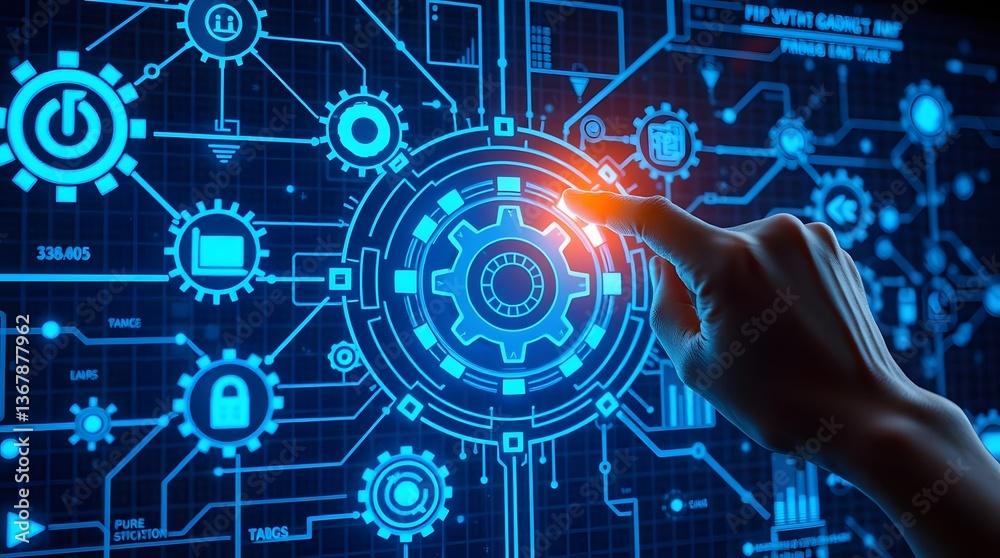 Hand interacting with a digital interface featuring gears and interconnected network elements in blue light Hand interacting with a digital interface featuring gears and interconnected network elements in blue light