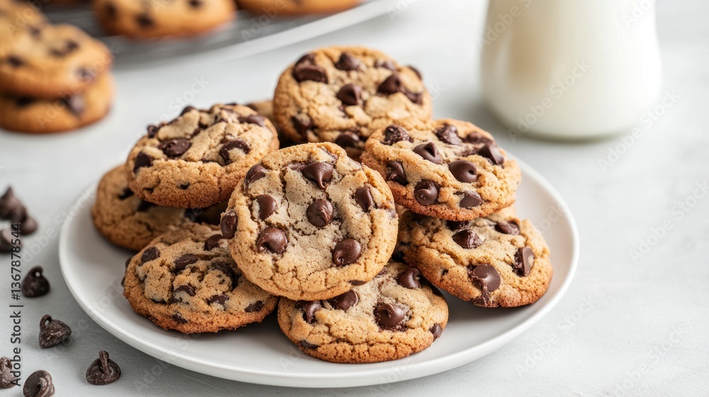 Chocolate Chip Cookies on Plate with Glass of Milk for Snack Chocolate Chip Cookies on Plate with Glass of Milk for Snack