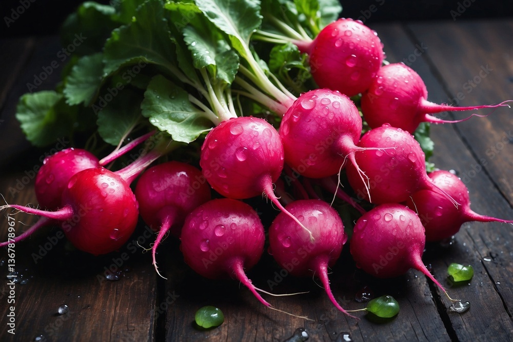 Close-up of a Bunch of Radishes with Water Droplets on a Dark Wooden Background, Highlighting the Freshness and Benefits of This Vegetable