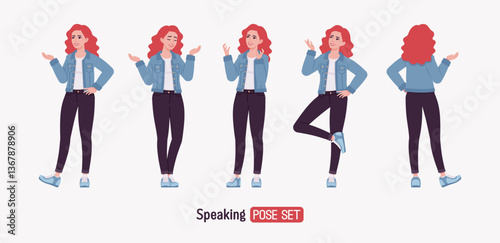 Woman, dyed red hair wearing denim jacket speaking pose set. Attractive bright female trendy everyday sport shoes, comfortable jeans for relaxed city life style. Vector flat style cartoon illustration