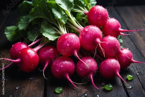 Obraz na płótnie Close-up of a Bunch of Radishes with Water Droplets on a Dark Wooden Background, Highlighting the Freshness and Benefits of This Vegetable w salonie