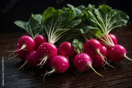 Obraz na płótnie Close-up of a Bunch of Radishes with Water Droplets on a Dark Wooden Background, Highlighting the Freshness and Benefits of This Vegetable w salonie
