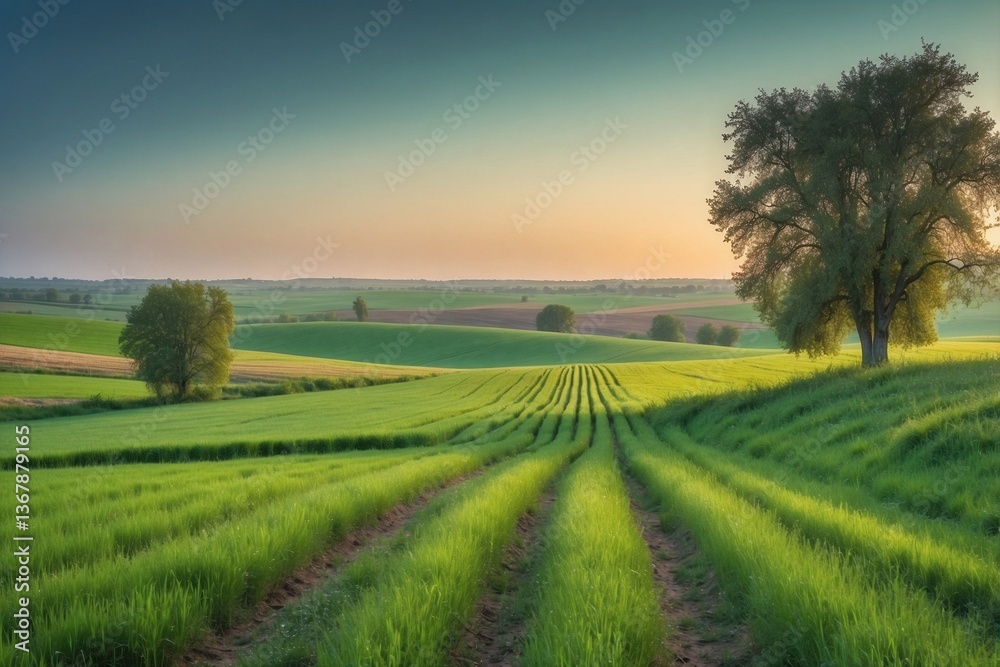 Green Grass Field with Trees in the Distance, Adorned with a Colorful Palette of a Spring Evening and Impeccable Rows of Crops Stretching for Miles