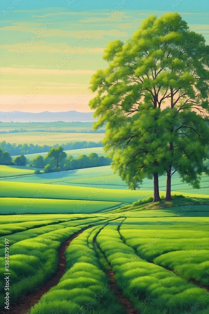 Green Grass Field with Trees in the Distance, Adorned with a Colorful Palette of a Spring Evening and Impeccable Rows of Crops Stretching for Miles