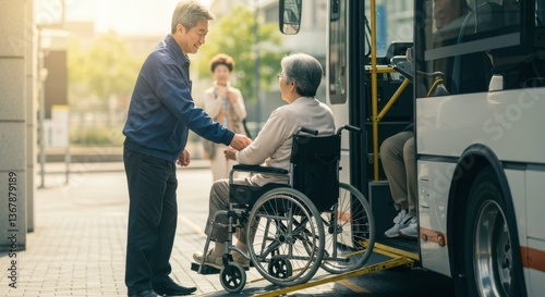 Elderly Man in Wheelchair Assisted onto Public Bus by Kind Helper