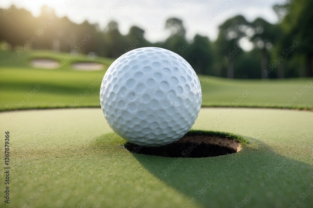 Golf Ball Sitting on the Edge of the Hole, with a Blurred Green Golf Course in the Background