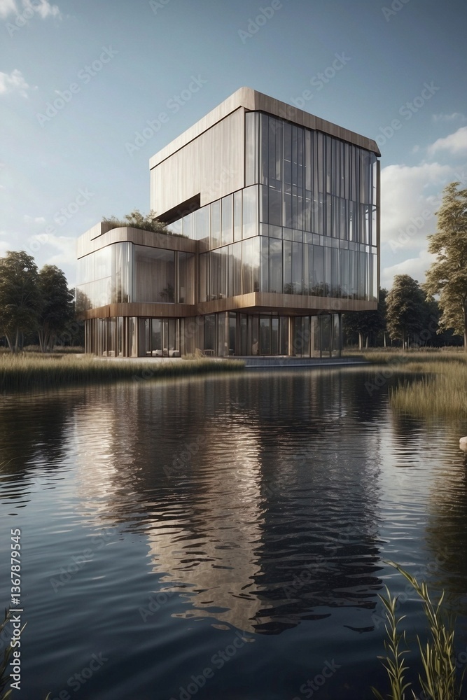 New Stylish Skyscraper Located on an Island in the Middle of a Water Body, Presented as a Detailed Clear Photo